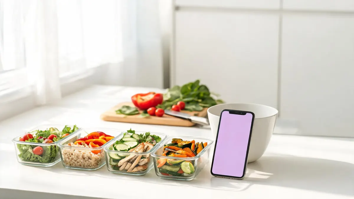 Meal prep bakjes met gezonde maaltijden naast een weekplanning